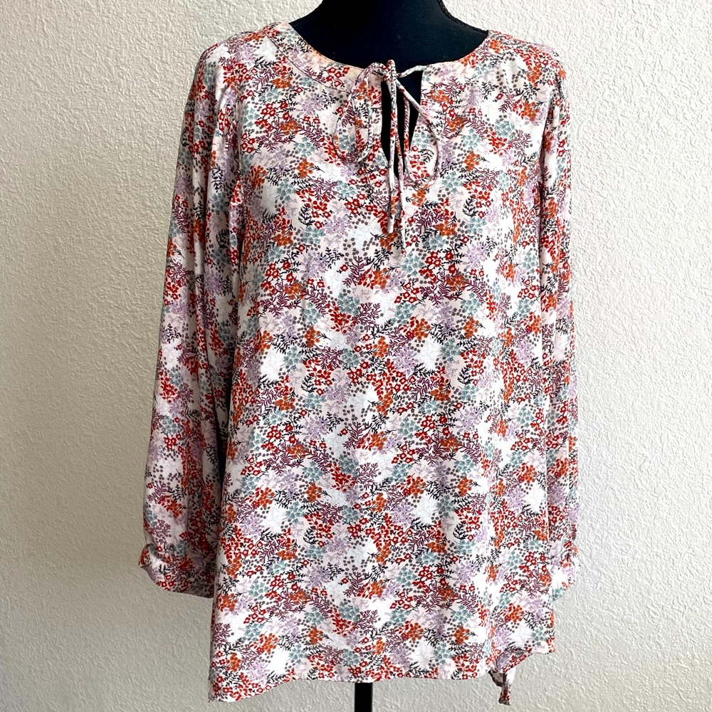 LOFT • Beautiful Womens Floral Keyhole Tie Top Blouse Long Sleeve